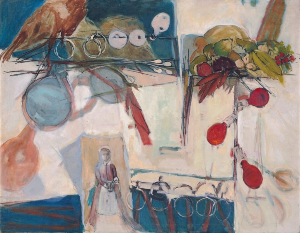 Dorothy Koppelman, A Stamp, Bird, and Three Bulbs, oil on canvas, 1970, 42 x 53 in.